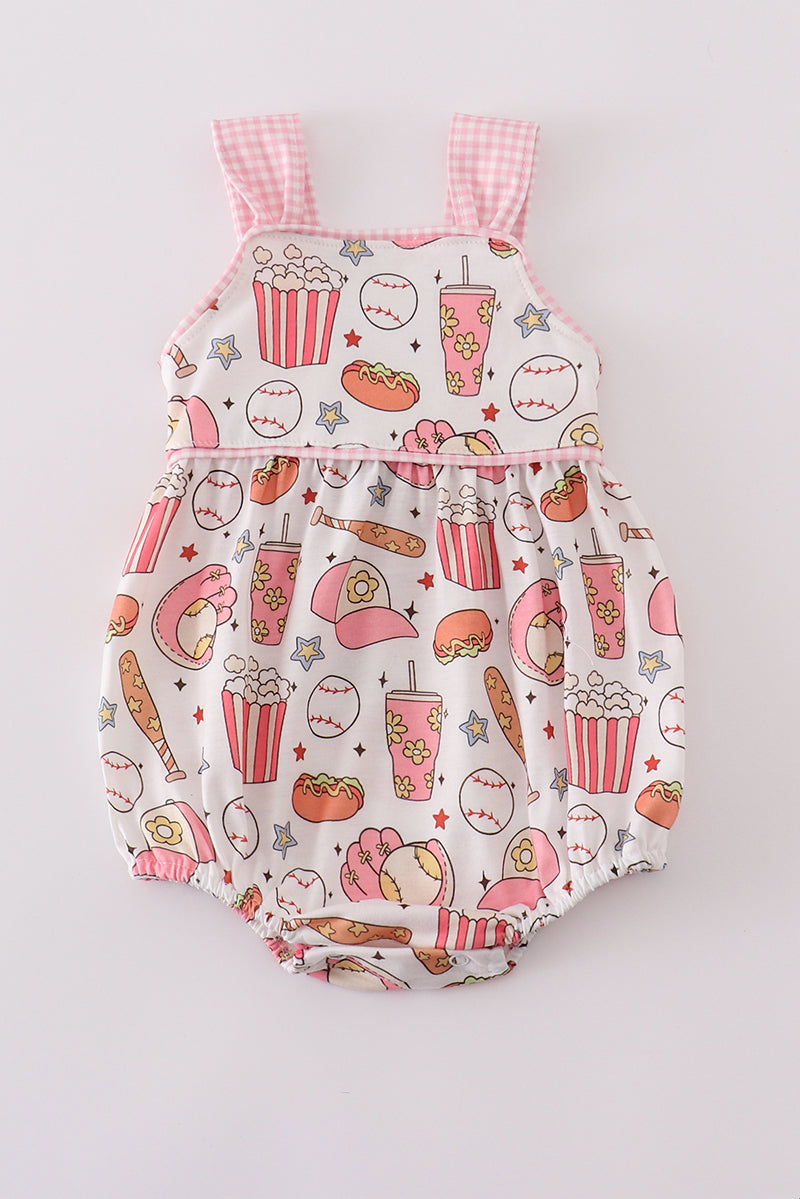 Pink baseball print gingham bubble