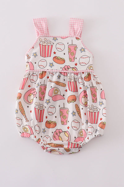 Pink baseball print gingham bubble