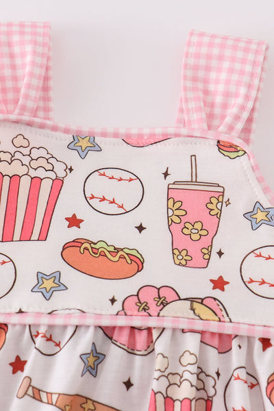 Pink baseball print gingham bubble