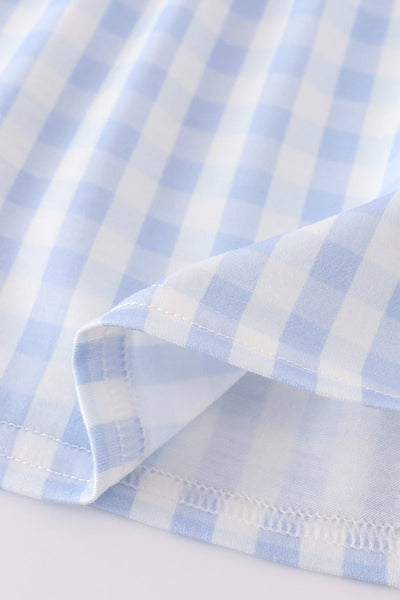 Blue character embroidery gingham ruffle shorts set