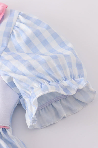 Blue character embroidery gingham ruffle dress