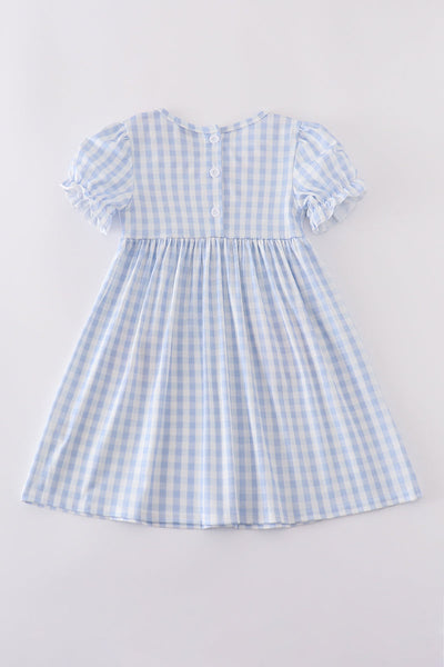 Blue character embroidery gingham ruffle dress