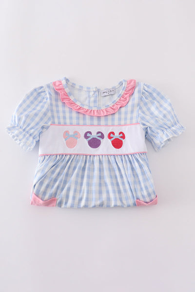 Blue character embroidery gingham ruffle dress