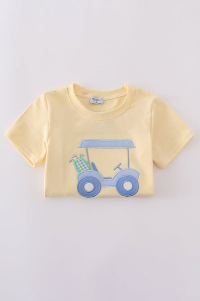 Yellow golf cart applique gingham shorts set