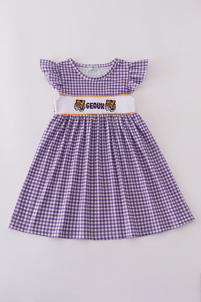 Purple gold LSU geaux embroidery smocked dress