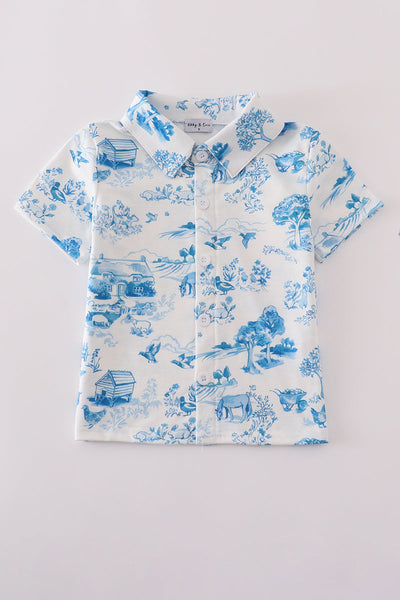 Blue farm print button down shirt