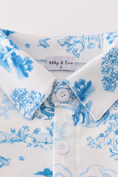 Blue farm print button down shirt