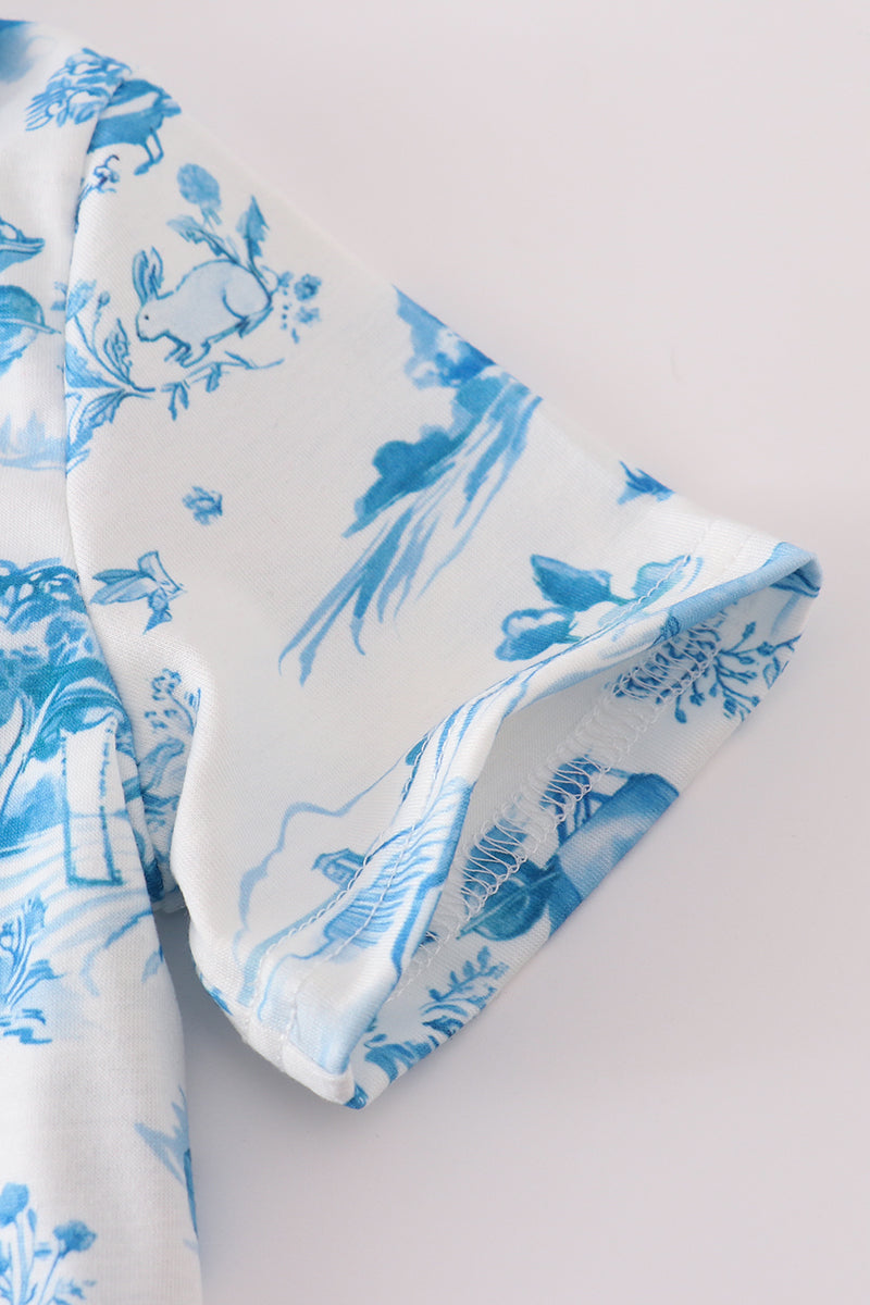Blue farm print button down shirt