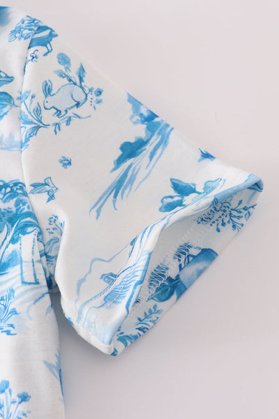 Blue farm print button down shirt
