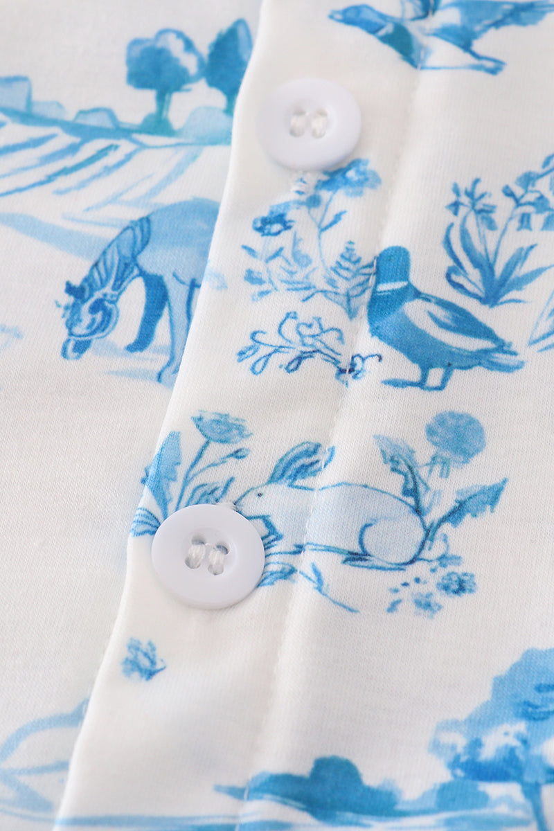 Blue farm print button down shirt