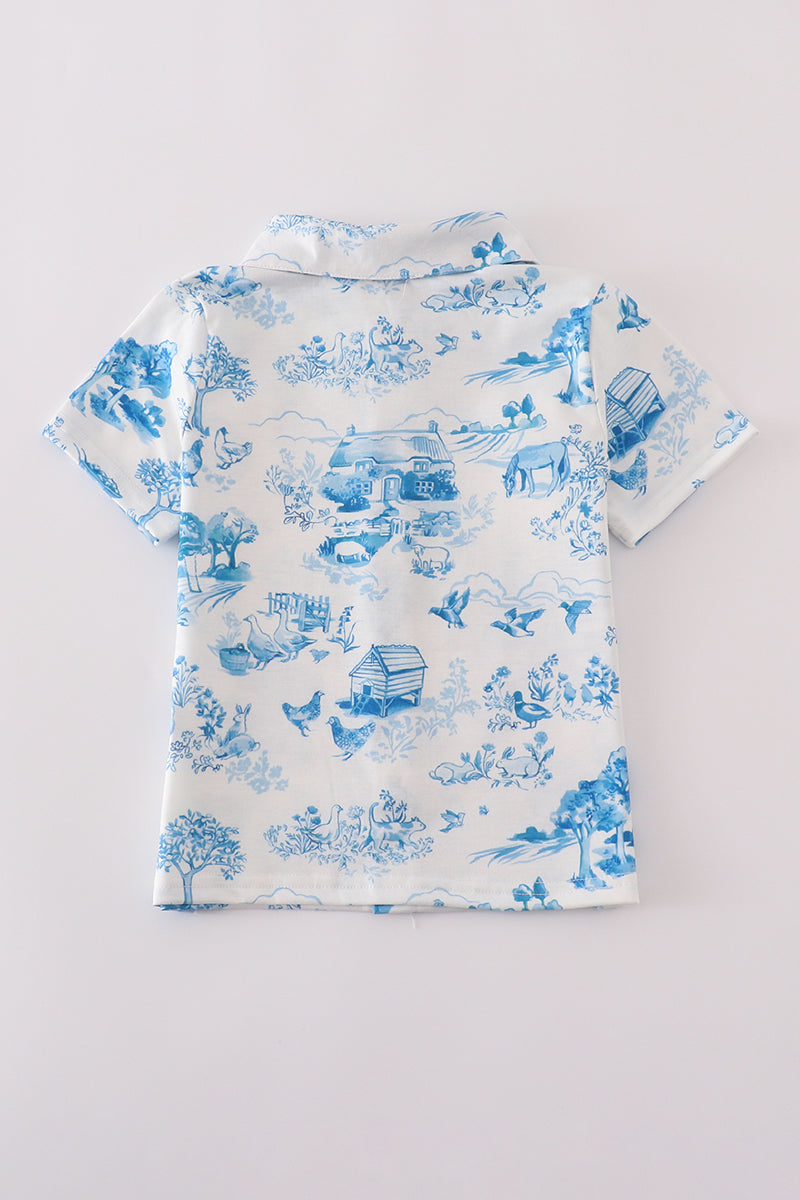 Blue farm print button down shirt