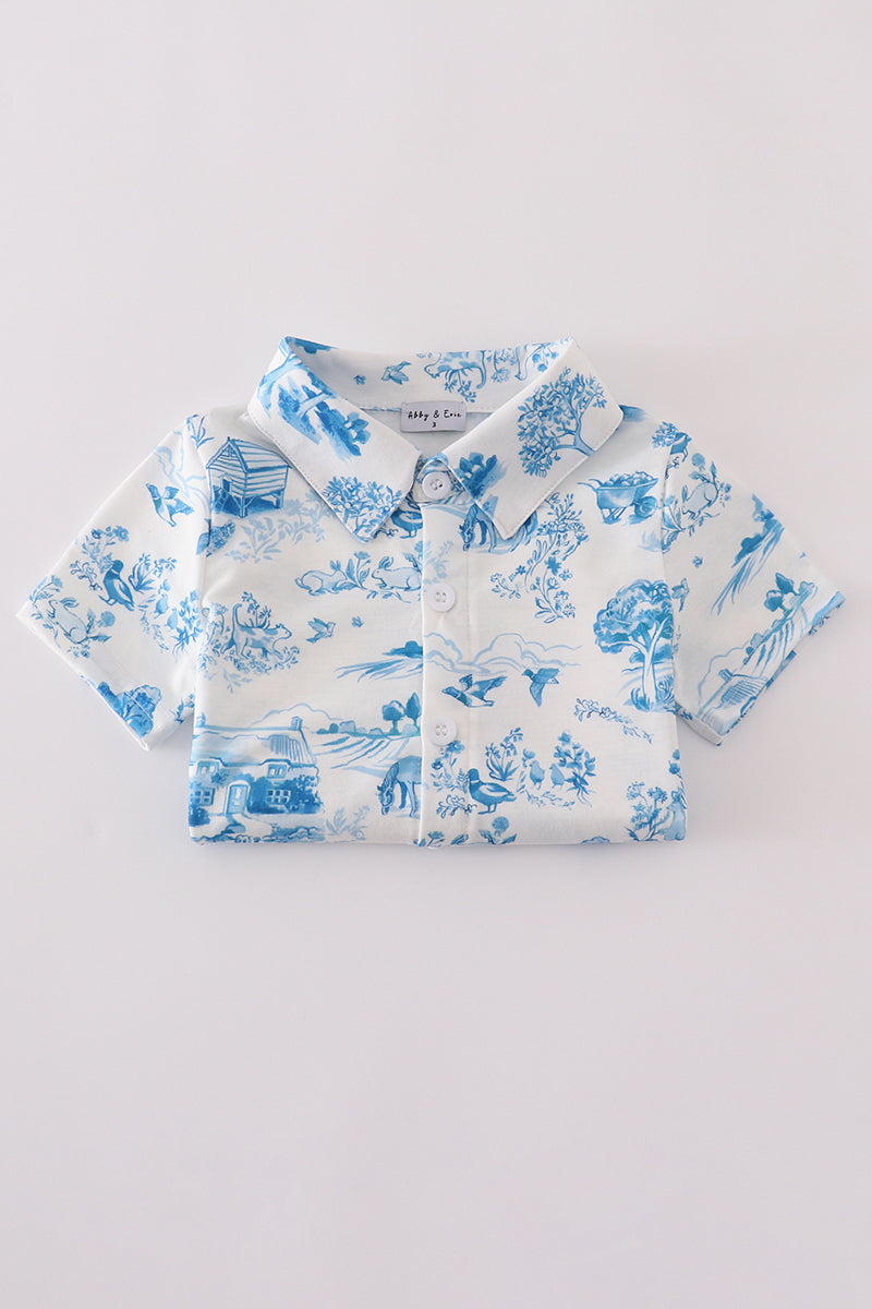 Blue farm print button down shirt