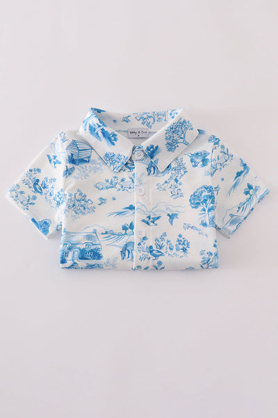 Blue farm print button down shirt