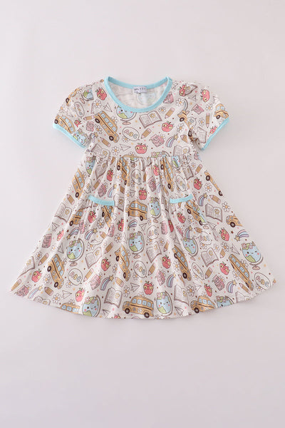 Blue bus apple print dress