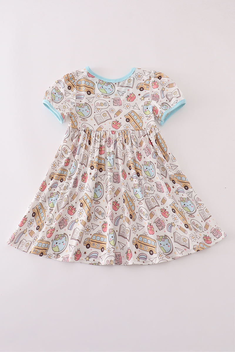 Blue bus apple print dress