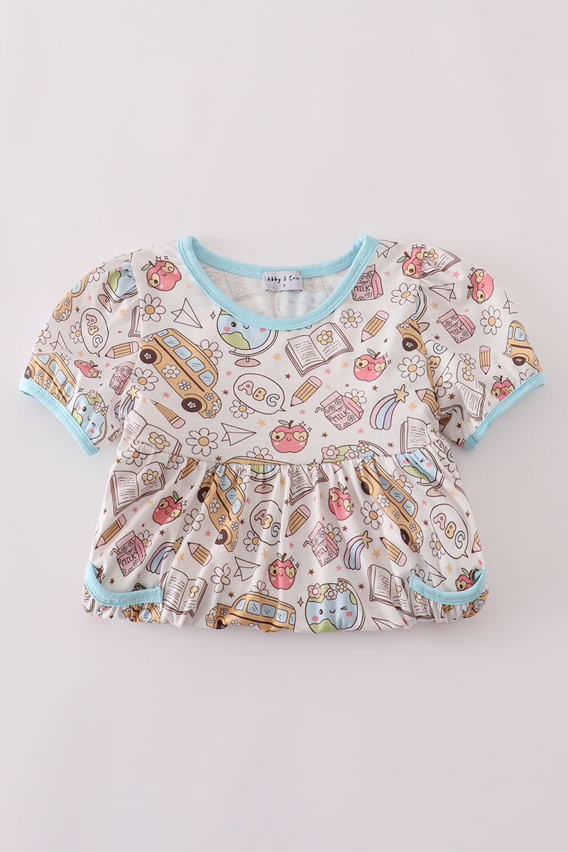 Blue bus apple print dress