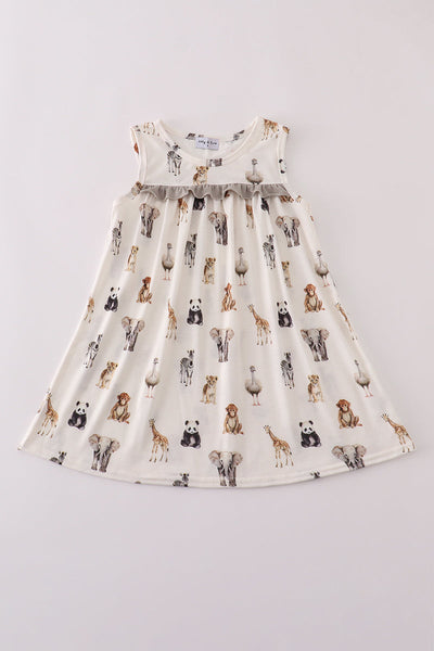 Grey zoo animal print ruffle dress