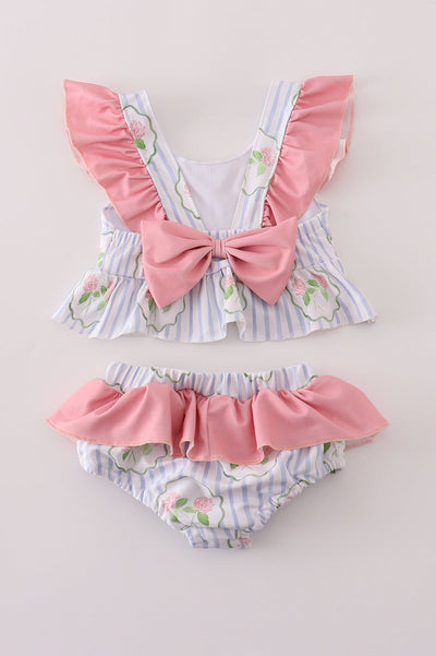 Floral stripe ruffle 2pc swimsuit UPF50+