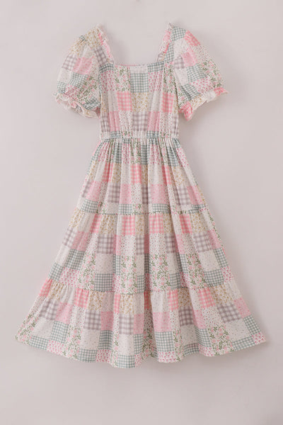 Pastel patchwork garden print tiered mom dress