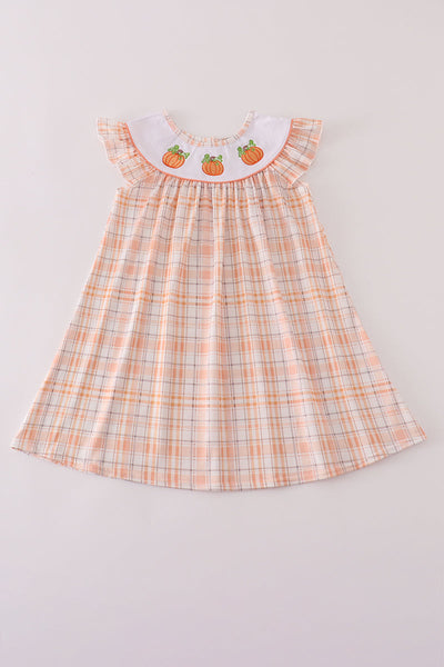 Orange pumpkin embroidery plaid dress