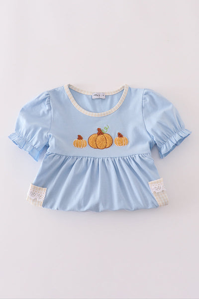 Blue pumpkin french knot ruffle shorts set