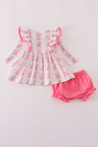 Pink floral print ruffle bloomer set