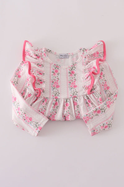 Pink floral print ruffle pants set