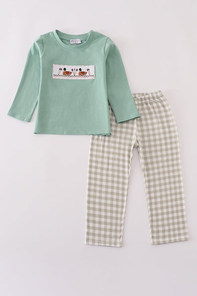 Green duck embroidery pants set