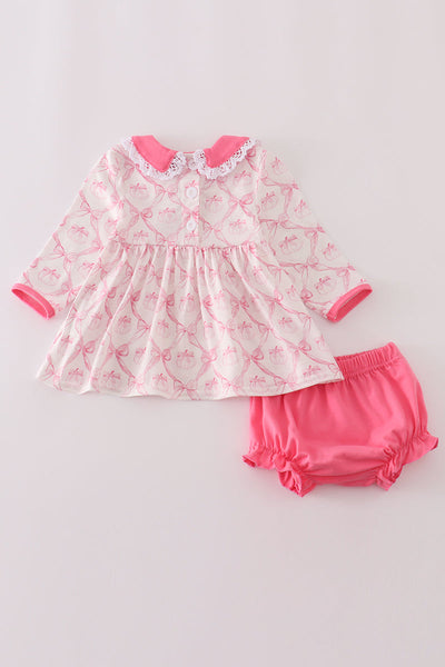 Pink bow tie pumpkin print bloomer set