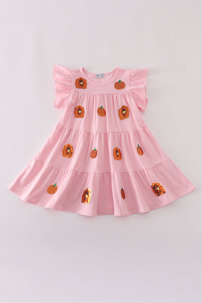 Pink turkey pumpkin sequin tiered ruffle dress
