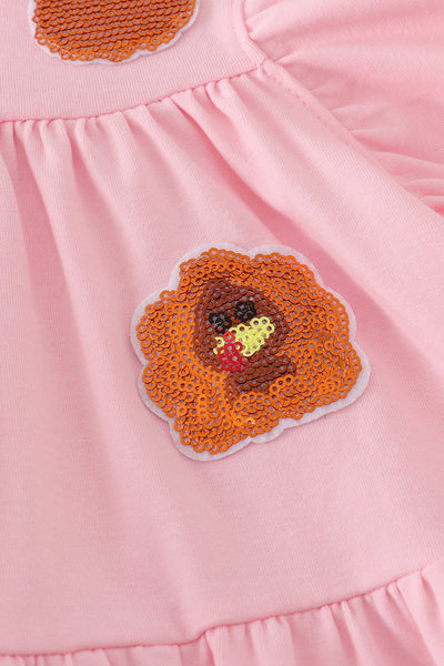 Pink turkey pumpkin sequin tiered ruffle dress
