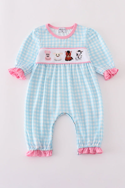 Blue farm embroidery gingham ruffle romper