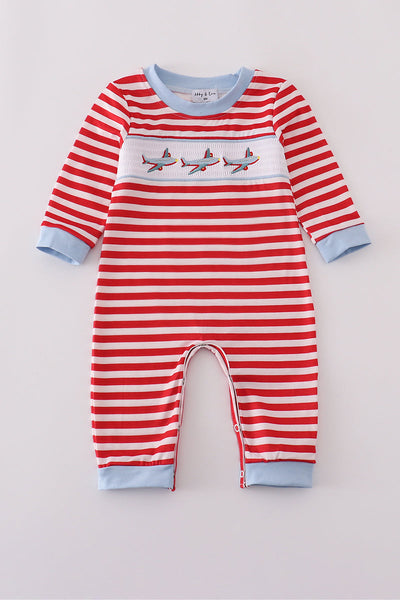 Red airplane embroidery stripe romper