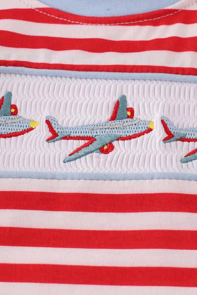 Red airplane embroidery stripe romper