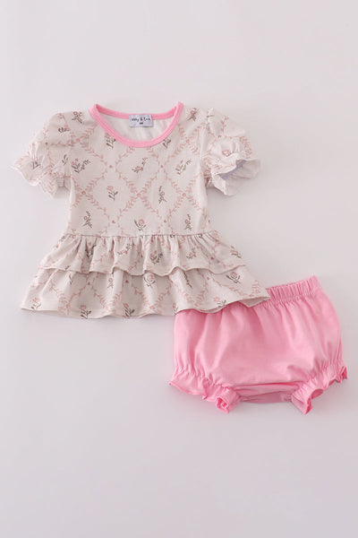 Pink floral print ruffle bloomer set