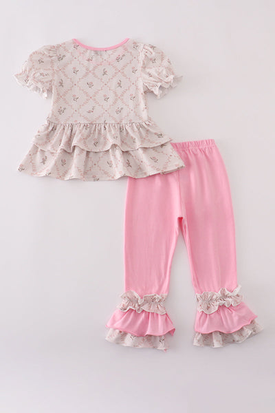 Pink floral print ruffle pants set