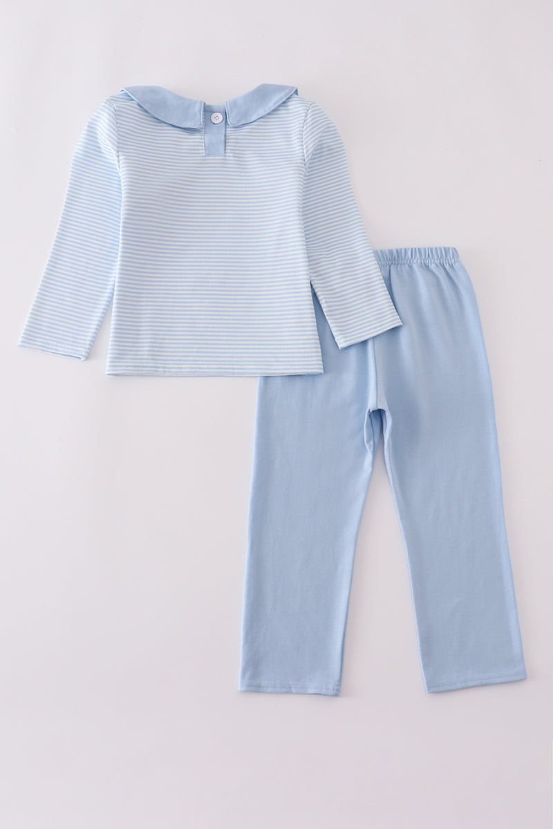 Blue turkey embroidery stripe pants set