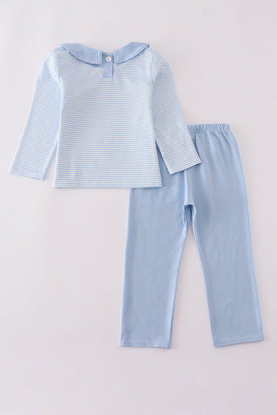 Blue turkey embroidery stripe pants set
