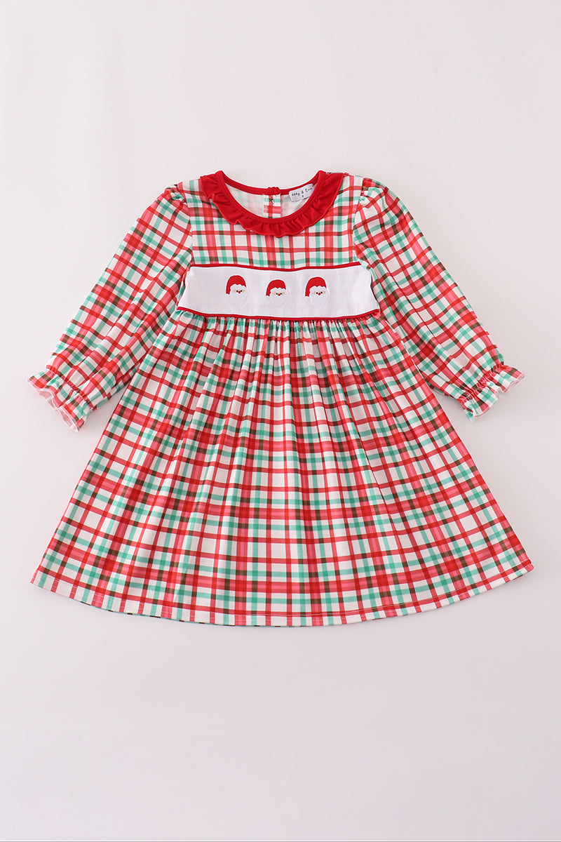 Red santa claus embroidery plaid ruffle dress