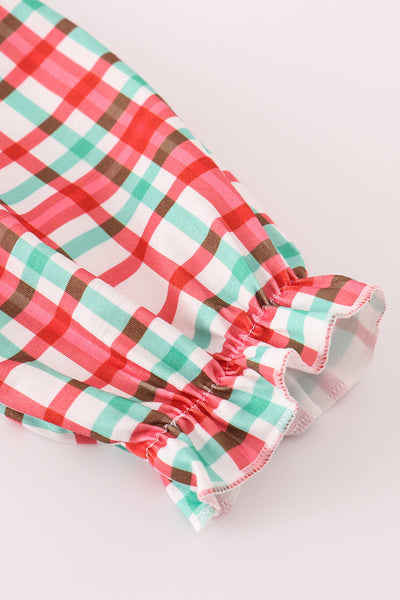 Red santa claus embroidery plaid ruffle dress
