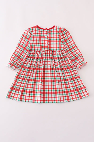 Red santa claus embroidery plaid ruffle dress