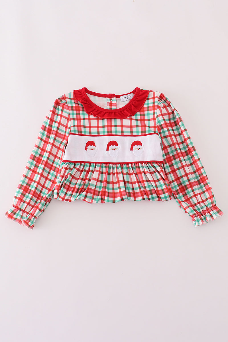 Red santa claus embroidery plaid ruffle dress