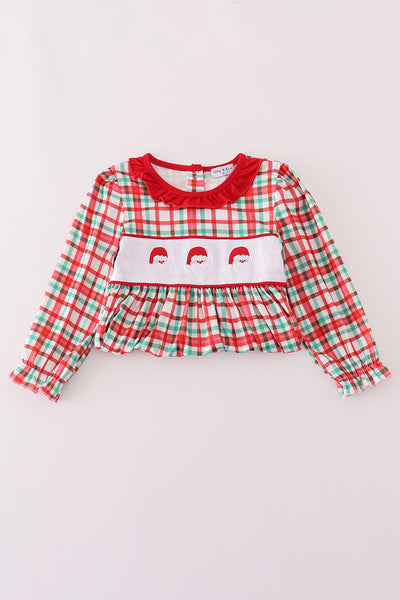 Red santa claus embroidery plaid ruffle dress