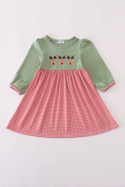 Green reindeer embroidery dress