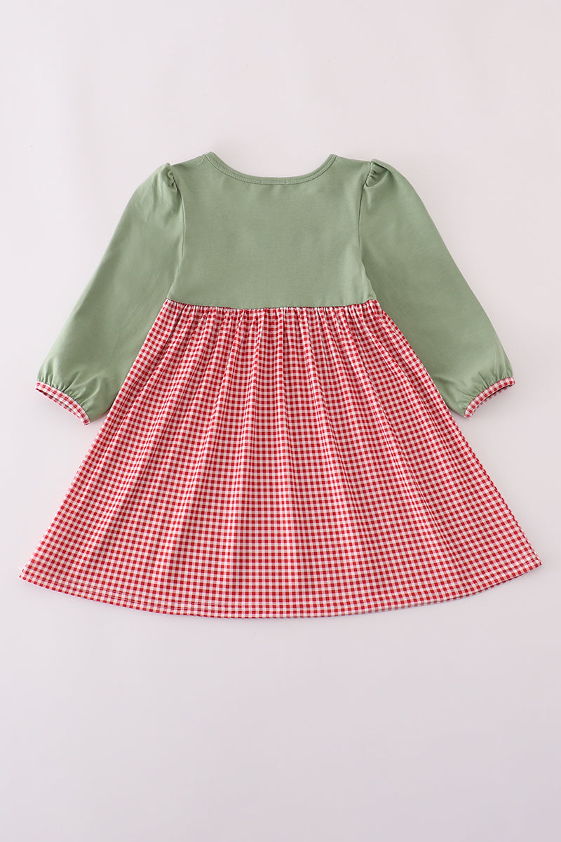 Green reindeer embroidery dress