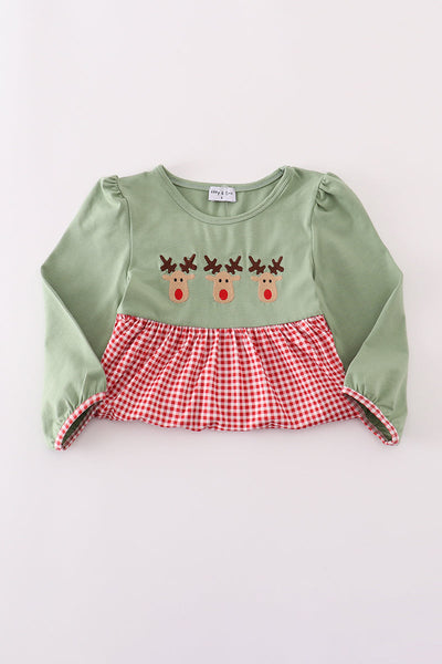Green reindeer embroidery dress