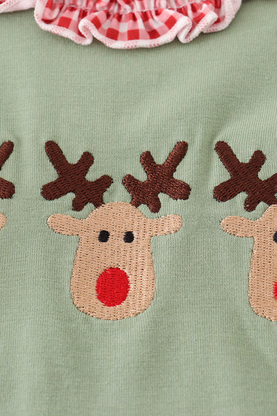 Green reindeer embroidery dress