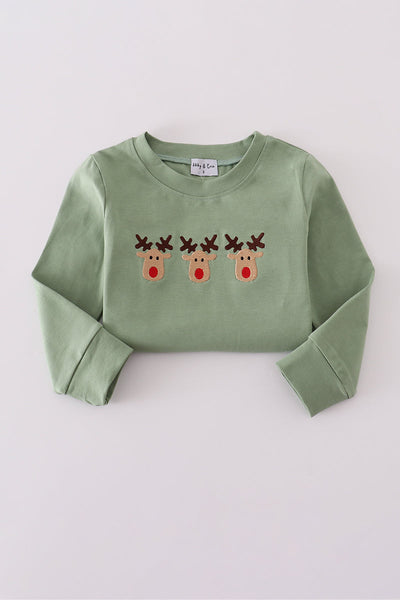 Green reindeer embroidery top