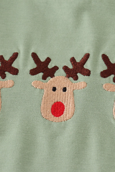 Green reindeer embroidery top