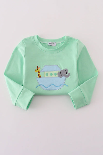 Green Noah's Ark applique ruffle pants set